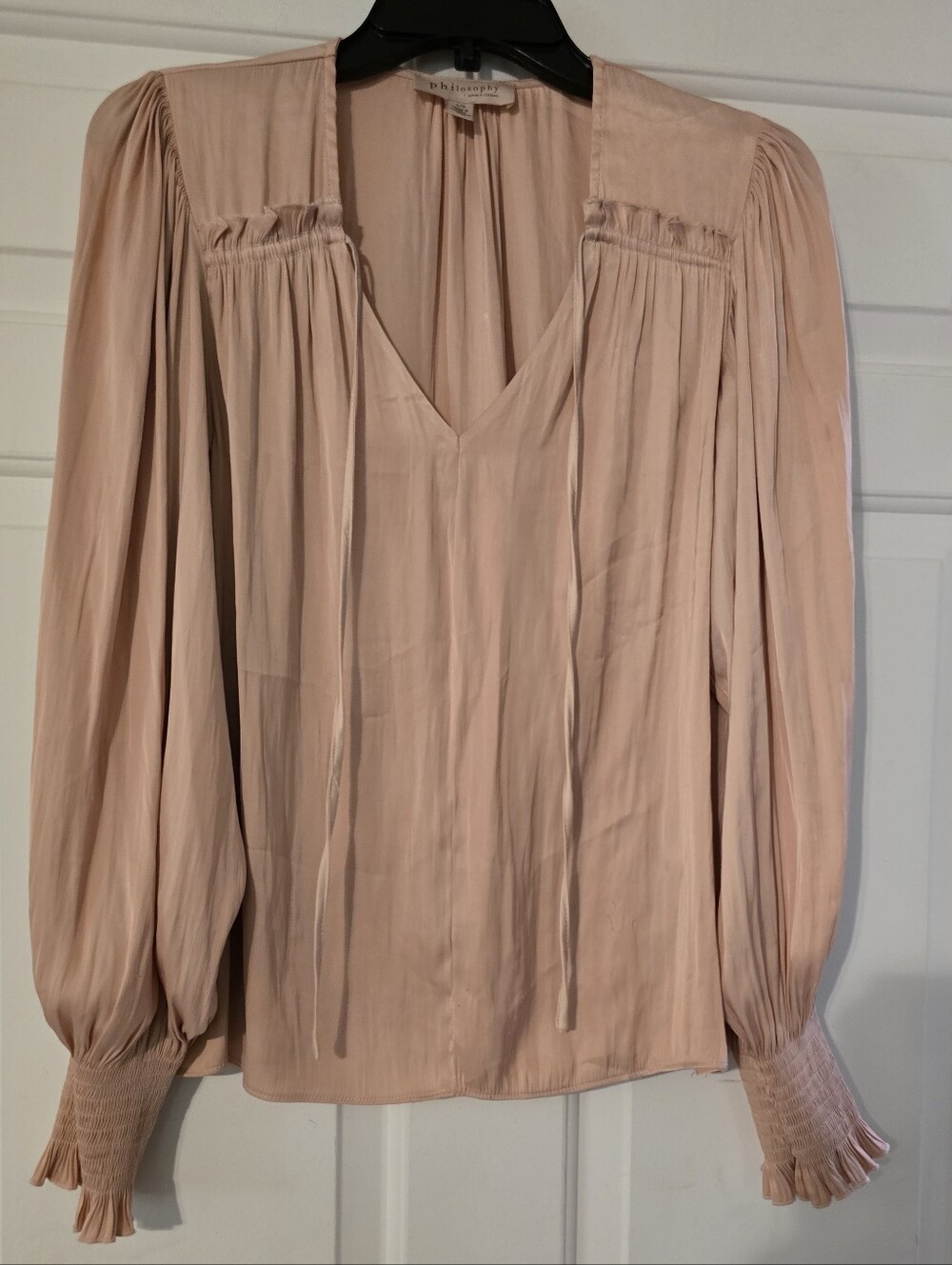 Philosophy Blush Pink V-Neck Pleated Long-Sleeve Blouse